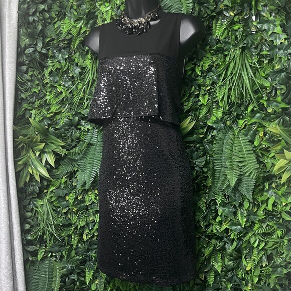 KENSIE Dress Women Small Black Cocktail All Over Sequin Layered A line‎ 2414 - Picture 1 of 7